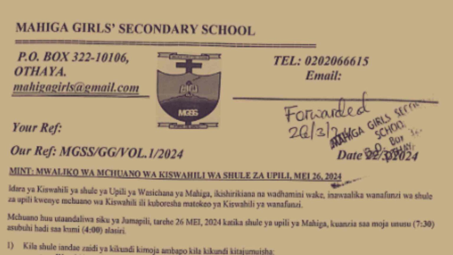 Kiswahili Contest Invitation: Mahiga Girls' Secondary School